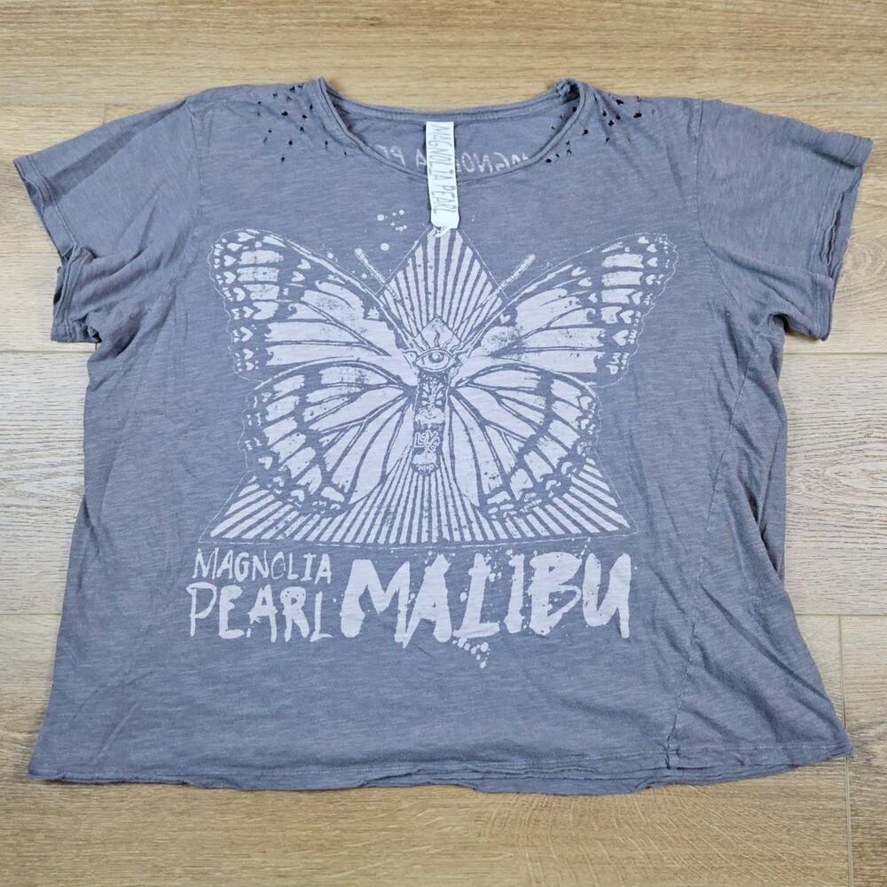 Magnolia Pearl Malibu Butterfly Graphic Tee Slashed Distressed Gray